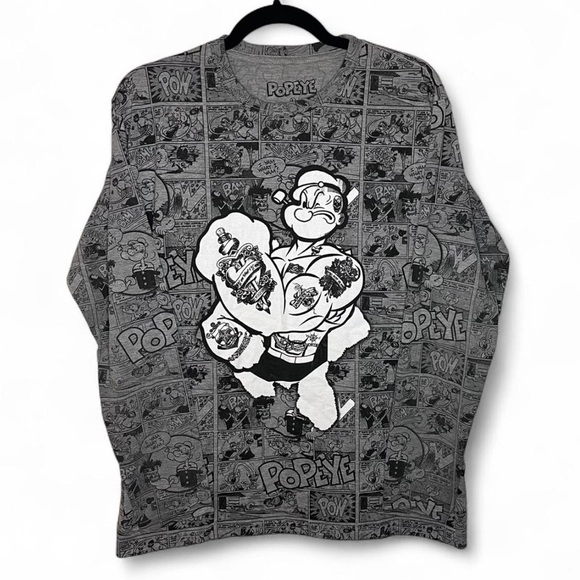 Vintage Popeye Comic Long Sleeve Shirt | Graphic Tee Size L Gray Black - Picture 1 of 5